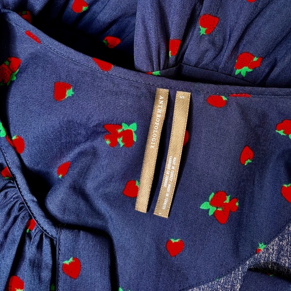 ANTHROPOLOGIE Strawberry Print Smocked Somerset Mini Dress Navy Blue Red Small - Picture 11 of 14